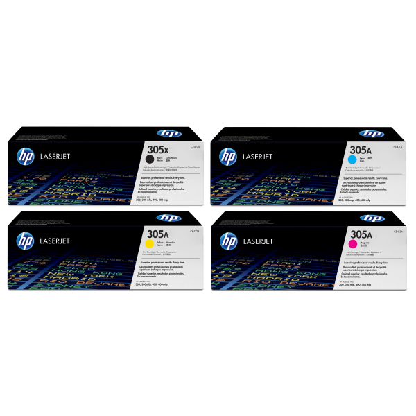 HP 305X/305A Black; Cyan; Magenta; Yellow High-Yield Toner Cartridges Combo, Pack Of 4, CE410X,CE411A,CE412A,CE413A
