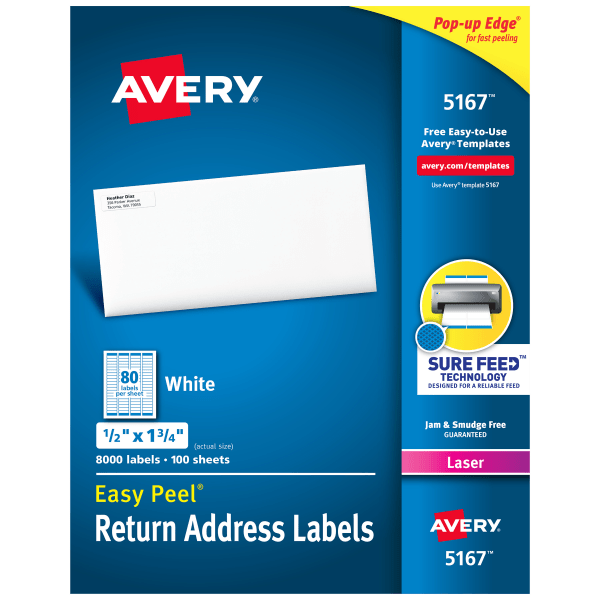 Avery� Easy Peel� Return Address Labels With Sure Feed� Technology, 5167, Rectangle, 1/2" X 1 3/4", White, Box Of 8,000"