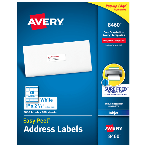 avery address labels  1  x 2-5/8   white  3 000 labels (8460)