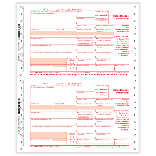 ComplyRight® 1099-MISC Tax Forms, 3-Part, 2-Up, Copies A/B/C, Continuous, 9"" x 11"", Pack Of 100 Forms -  71543OD