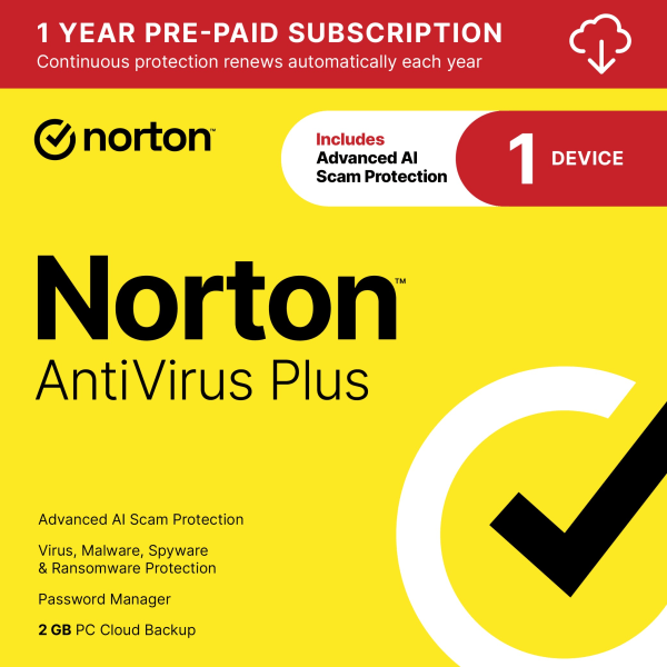 Norton™ Antivirus Plus, For 1 Device, 1 Year Subscription, Windows®, Download