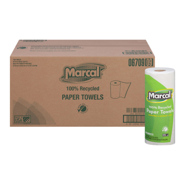 Marcal® Small Steps™ 1-Ply Paper Towels, 100% Recycled, 60 Sheets Per Roll, Pack Of 15 Rolls -  6709