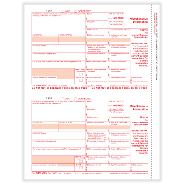 ComplyRight® 1099-MISC Tax Forms, Federal Copy A, 2-Up, Laser, 8-1/2"" x 11"", Pack Of 50 Forms -  511025OD