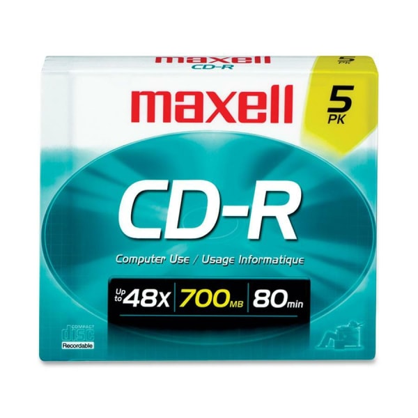 Maxell CD Recordable Media  CDR  48x  700 MB  5 Pack Slim Jewel Case  120mm  133 Hour Maximum Recording Time