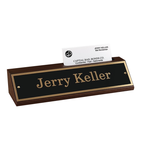 Custom Engraved Black And Gold Metal Desk Sign With Walnut Desk Bar And Business Card Holder, 1 3/4" X 8 1/2"