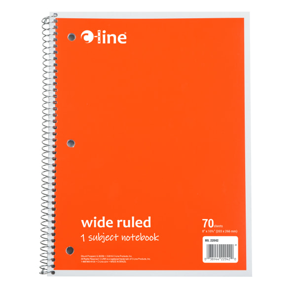 C-Line Wide Rule Spiral Notebooks, 8"" x 10-1/2"", 1 Subject, 70 Sheets, Orange, Case Of 24 Notebooks -  22042-CT
