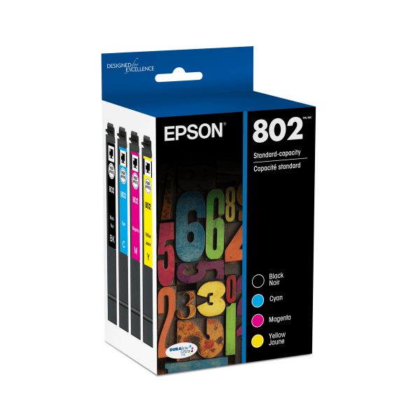Epson® 802 DuraBrite® Black And Cyan, Magenta, Yellow Ink Cartridges, Pack Of 4, T802120-BCS