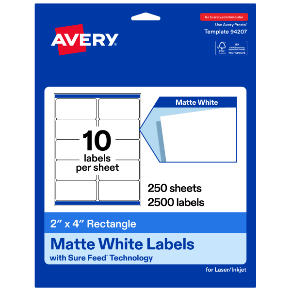 Avery® Permanent Labels With Sure Feed®, 94207-WMP250, Rectangle, 2" x 4", White, Pack Of 2,500