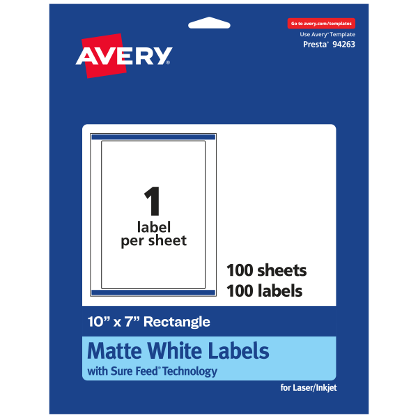 Avery® Permanent Labels With Sure Feed®, 94263-WMP100, Rectangle, 10" x 7", White, Pack Of 100