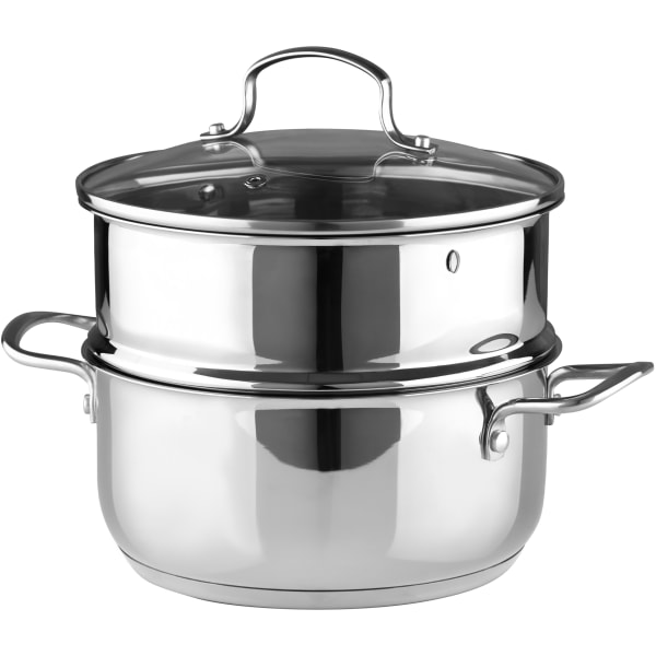 Photos - Stockpot Bergner Essentials Stainless-Steel Soup Pot With Tempered-Glass Lid And Steamer Insert, 2.6 Qt, Stainless Steel BGUS10127STS 