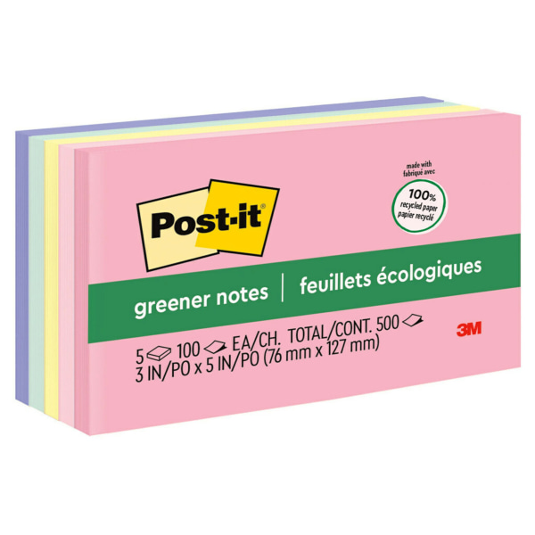 Photos - Self-Stick Notes Post-it Greener Notes, 5 Pads, 3 in x 5 in, Clean Removal, School Supplies 