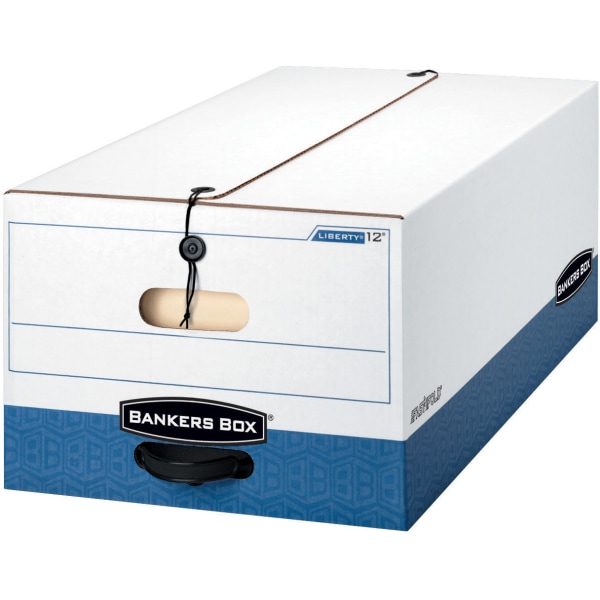 Bankers Box&reg; Liberty&reg; FastFold&reg; Heavy-Duty Storage Boxes With Locking Lift-Off Lids And Built-In Handles, Legal Size, 24&quot; x 15&quot; x 10&quot;, 60% Recycled, White/Blue, Case Of 12 FEL00012