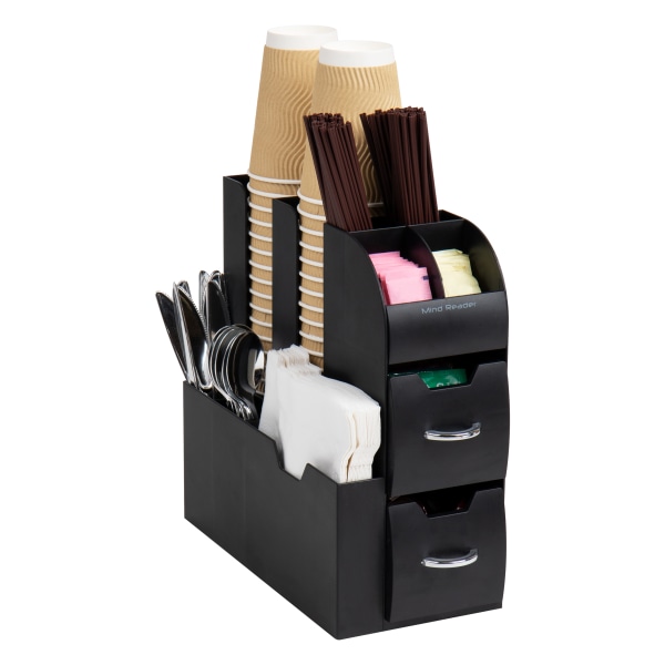 Mind Reader 11-Compartment Coffee Cup and Condiment Organizer with 2 Drawers, 11-3/20"H x 11-1/4"W x 5-7/20"L, Black