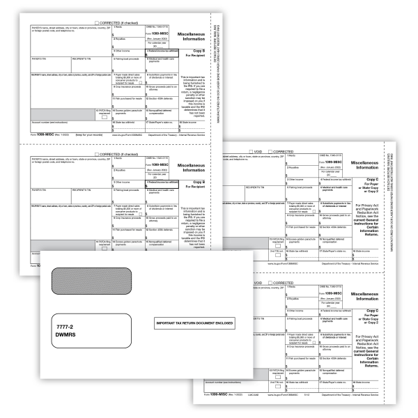 ComplyRight® 1099-MISC Tax Forms Set, 3-Part, 3-Up, Copies B/C/2 (Recipient Copy Only), Laser, 8-1/2"" x 11"", Pack Of 25 Forms And Envelopes -  6113E25OD