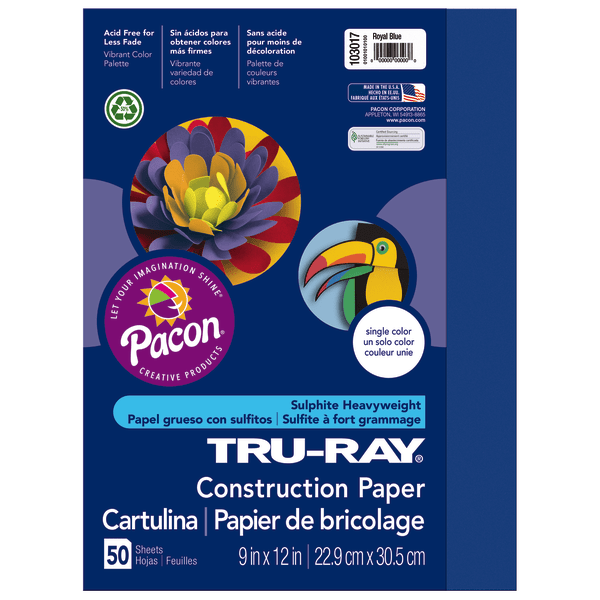 Tru-Ray Construction Paper, 50% Recycled, 9 x 12, Royal Blue, Pack Of 50