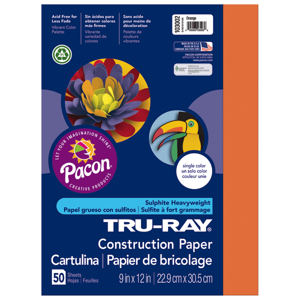 Tru-Ray Construction Paper, 50% Recycled, 9 x 12, Orange, Pack Of 50