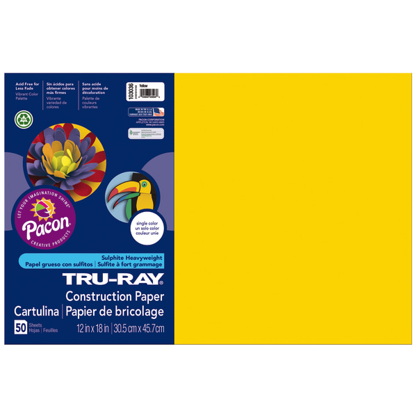 Tru-Ray Construction Paper, 50% Recycled, 12 x 18, Yellow, Pack Of 50