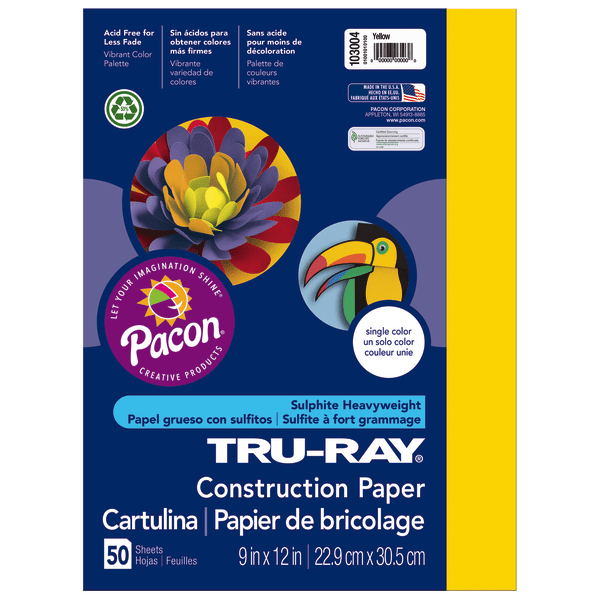 Tru-Ray Construction Paper, 50% Recycled, 9 x 12, Yellow, Pack Of 50