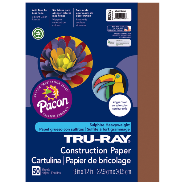Tru-Ray Construction Paper, 50% Recycled, 9 x 12, Warm Brown, Pack Of 50