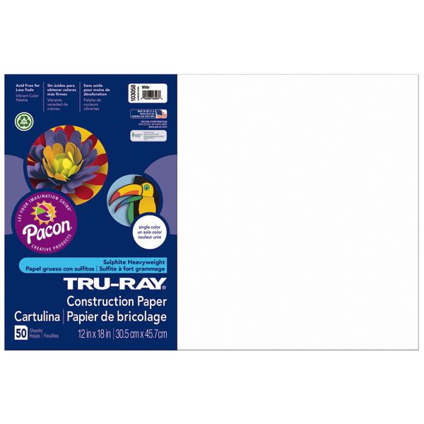Tru-Ray Construction Paper, 50% Recycled, 12 x 18, White, Pack Of 50