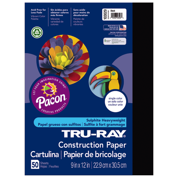 Tru-Ray Construction Paper, 50% Recycled, 9 x 12, Black, Pack Of 50
