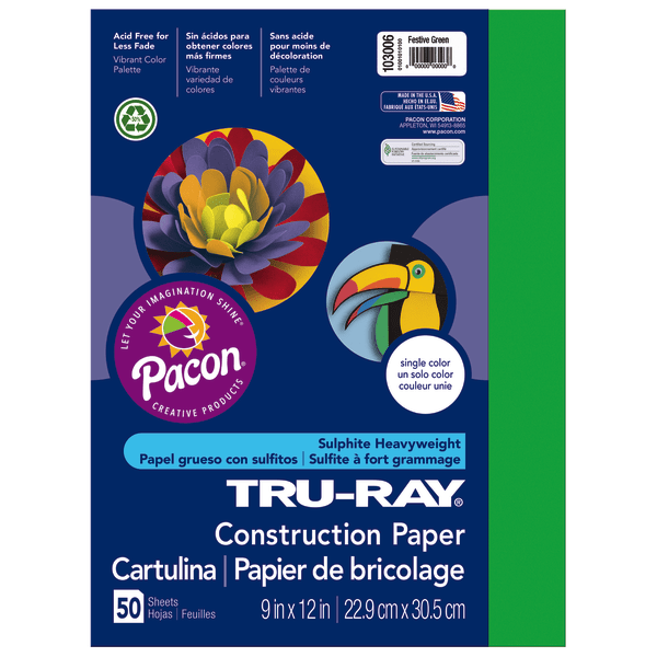 Tru-Ray Construction Paper, 50% Recycled, 9 x 12, Festive Green, Pack Of 50