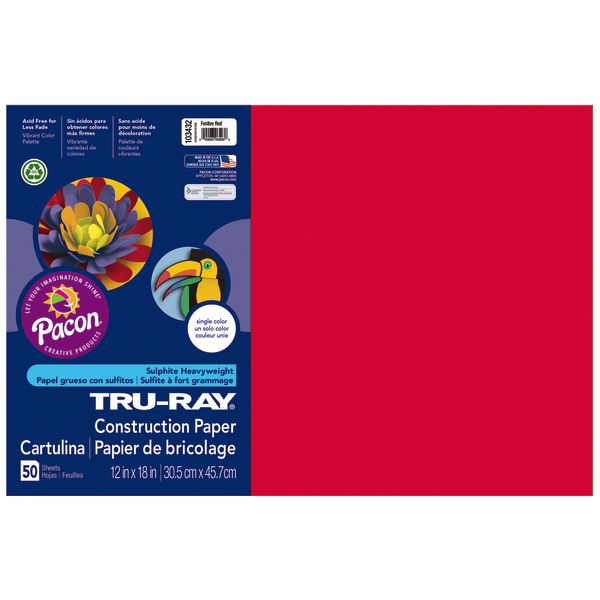 Tru-Ray Construction Paper, 50% Recycled, 12 x 18, Festive Red, Pack Of 50
