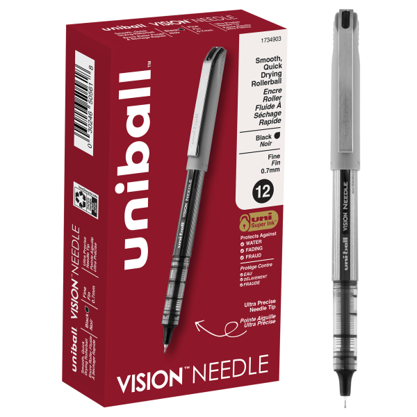uni-ball Vision Needle Liquid Ink Rollerball Pens, Fine Point, 0.7 mm, Gray Barrel, Black Ink, Pack Of 12