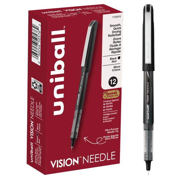 uni-ball Vision Needle Liquid Ink Rollerball Pens, Micro Point, 0.5 mm, Black Barrel, Black Ink, Pack Of 12 - 1734918 - Office Supplies Micro point rollerball pens feature a fine tip, he sku 1734918