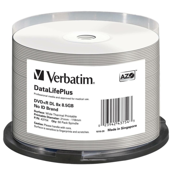Verbatim DVD+R DL 8.5GB 8X DataLifePlus White Thermal Printable, Hub Printable - 50pk Spindle - 120mm - Printable - Thermal Printable -  43754