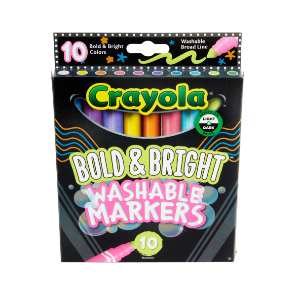 Crayola® Washable Markers, Pack Of 10 Markers, Broad Line, Bold & Bright Colors