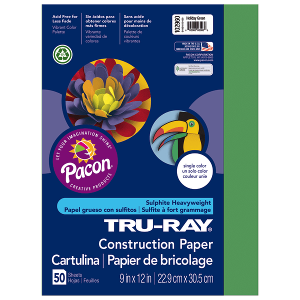 Tru-Ray Construction Paper, 50% Recycled, 9 x 12, Holiday Green, Pack Of 50
