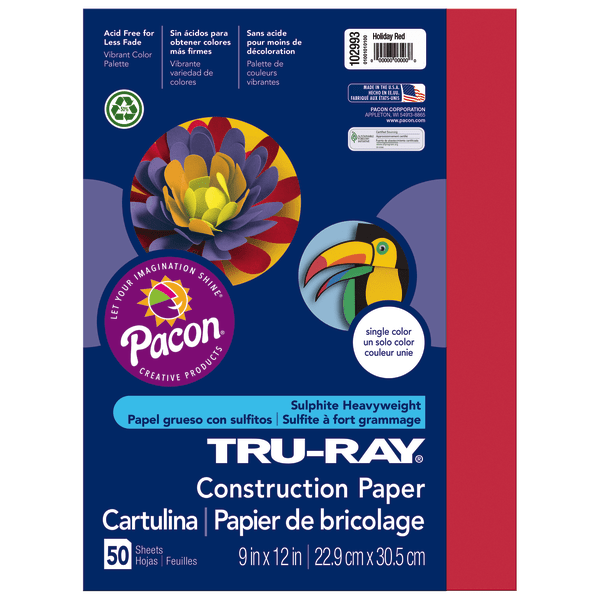Tru-Ray Construction Paper, 50% Recycled, 9 x 12, Holiday Red, Pack Of 50