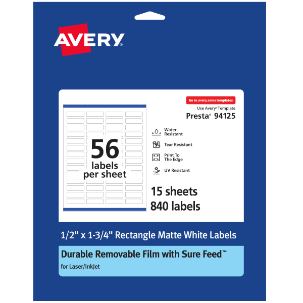 Avery� Durable Removable Labels With Sure Feed�, Print To The Edge, 94125 Drf15, Rectangle, 1/2" X 1 3/4", White, Pack Of 840 Labels
