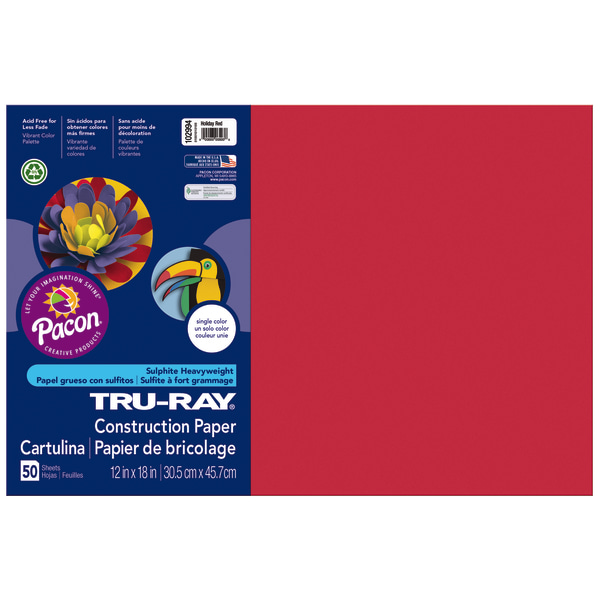 Tru-Ray Construction Paper, 50% Recycled, 12 x 18, Holiday Red, Pack Of 50