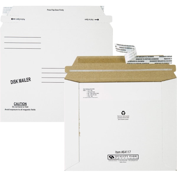 Quality Park Economy Disk or CD Mailers - Disc or Diskette - 7 1by2 W x 6 1by8  L- Self-sealing - Paperboard - White