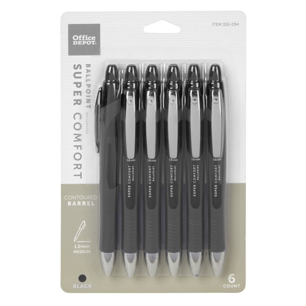 Office Depot Brand Retractable Ballpoint Pens With Grip, Medium Point, 1.0 mm, Black Barrel, Black Ink, Pack Of 6