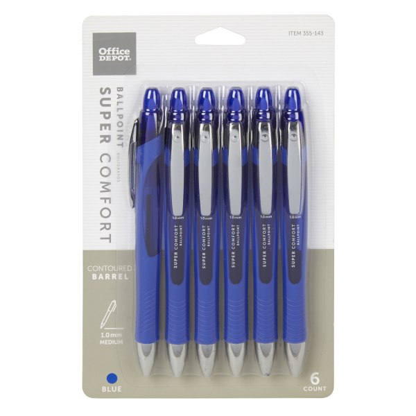 Office Depot® Brand Retractable Ballpoint Pens With Grip, Medium Point, 1.0 mm, Blue Barrel, Blue Ink, Pack Of 6 -  AH534-6-BL