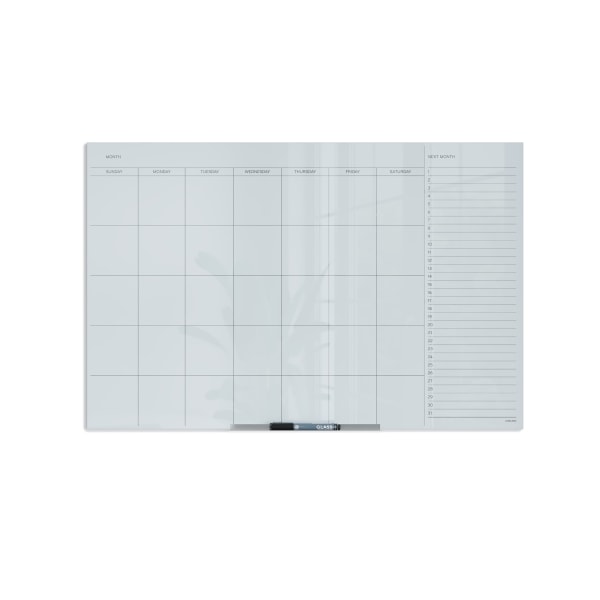 U Brands Frameless Floating Non-Magnetic Glass Dry Erase Monthly Calendar Board, 36 X 24, Frosted White