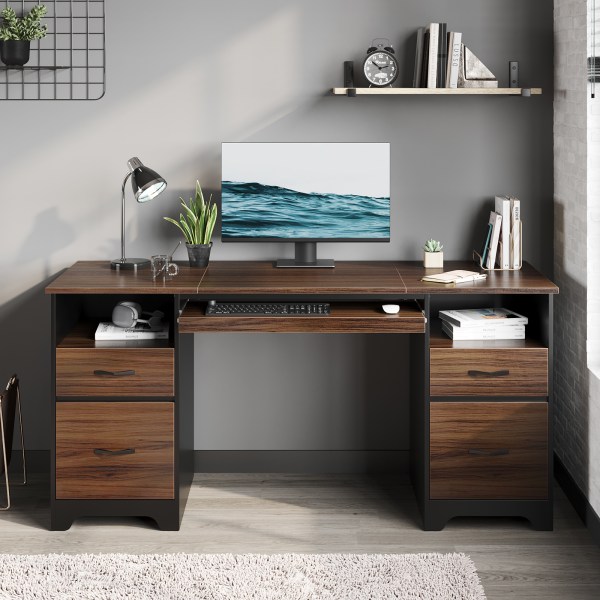 Bestier 59"W Double-Pedestal Executive Computer Desk With Open Storage & Drawer, Cherry