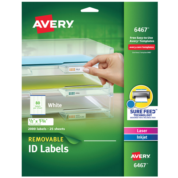 Avery� Removable Id Labels With Sure Feed� Technology, 6467, Rectangle, 1/2" X 1 3/4", White, Pack Of 2,000"