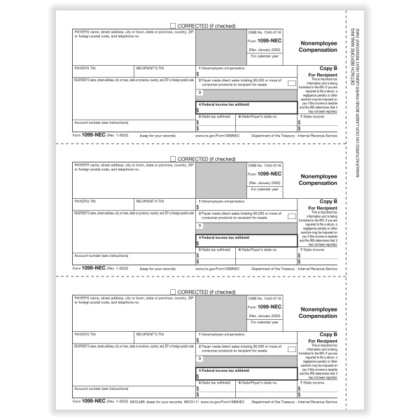 ComplyRight® 1099-NEC Tax Forms, Recipient Copy B, 3-Up, Laser, 8-1/2"" x 11"", Pack Of 75 Forms -  NEC511125OD