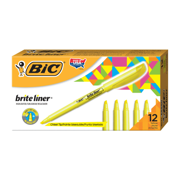 BIC Brite Liner Highlighters, Chisel Tip, Yellow, Box Of 12 -  BL11YW