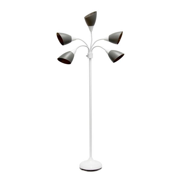 Simple Designs 67" Contemporary Multi 5-Head Adjustable Gooseneck Floor Lamp with Shades Gray : ETL Listed, Metal Body, Rotary Dimmer Switch