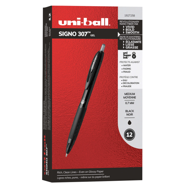 uni-ball 307 Gel Pen, Medium Point, 0.7 mm, Black Barrel, Black Ink, Pack Of 12