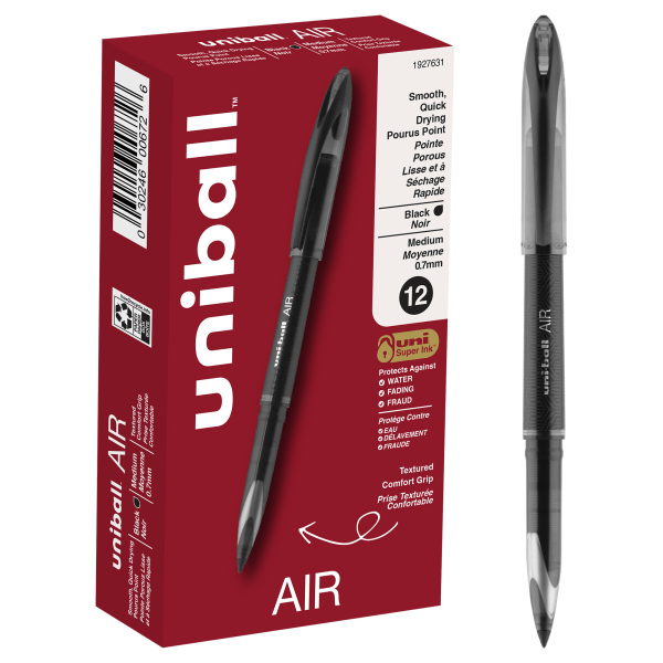 uni-ball AIR Rollerball Pen, Medium Point, 0.7 mm, Black Barrel, Black Ink, Pack Of 12