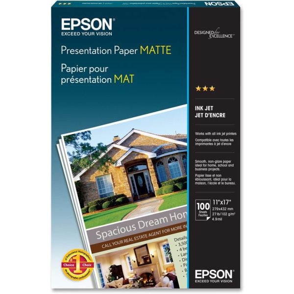 Presentation Paper, Matte White, Ledger (11" x 17"), 100 Sheets Per Pack, 27 Lb, 90 Brightness