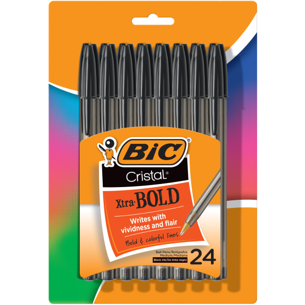 BIC® Cristal® Xtra Bold Stic Ballpoint Pens, 1.6 mm, Clear Black Barrel, Black Ink, Pack Of 24 Pens