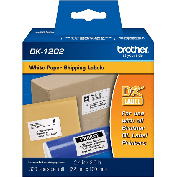Brother DK-1202 White Die-Cut Labels, DK1202, 2.4" x 3.9", Pack Of 300