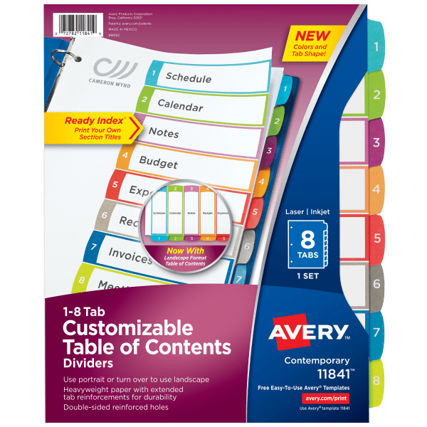 Avery® Ready Index® 1-8 Tab With Customizable Table Of Contents Binder Dividers, 8-1/2" x 11", 8 Tab, White/Multicolor, 1 Set